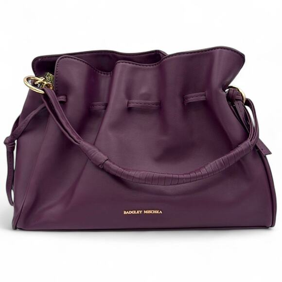 Badgley Mischka Drawstring Bucket Bag Plum Gold Tone New Without Tags - Picture 8 of 8
